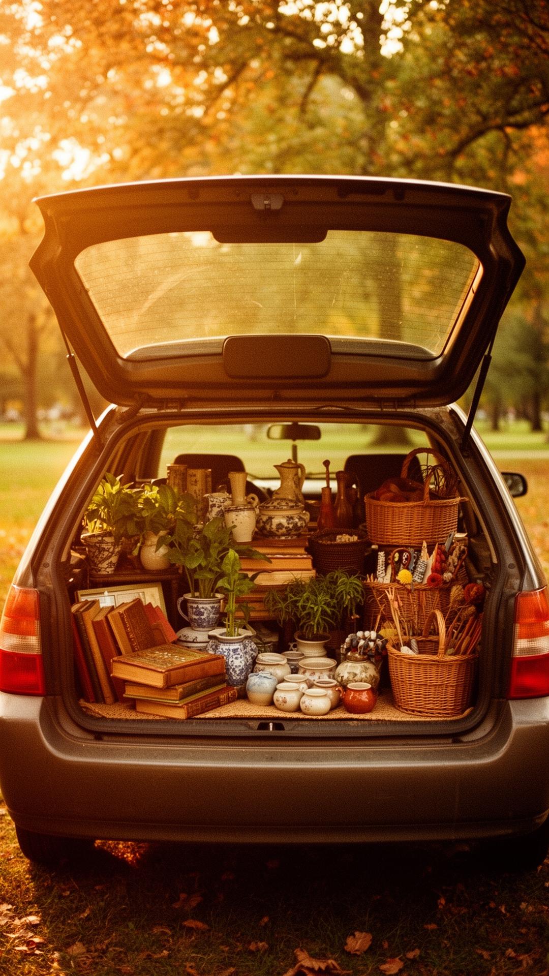 An open hatchback car trunk in a sunlit park, filled with ceramics, plants, books and baskets for sale